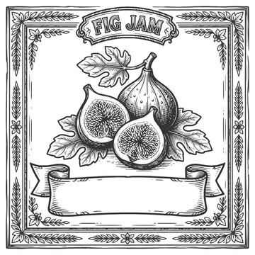 label design featuring figs, fig leaves, ornate border, and blank banner for jam packaging sketch engraving generative ai vector illustration. Scratch board imitation. Black and white image.