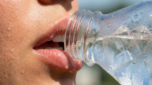 Extreme macro close up of sweaty mouth drinking cold water from plastic bottle covered in condensation during heatwave.