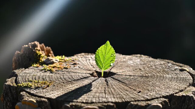 Green seedling growing from a tree stump. New life concept in a forest setting. Natural development and environmental resilience cycle for ecological sustainability