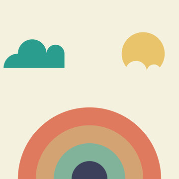 Abstract boho minimalist rainbow with cloud and sun illustration in earthy terracotta and teal tones.