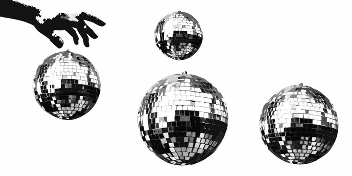 Disco Balls Vector Illustration With Hand Silhouette Monochrome