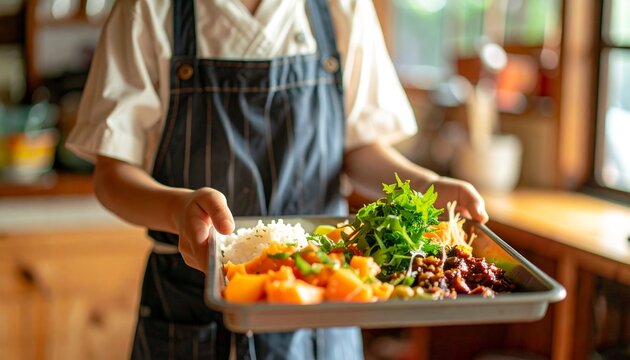 エプロンをつけた子どもがカラフルな料理が盛られたトレイをしっかりと持つ手元の接写