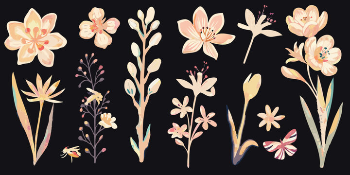Floral ornament collection pastel colored vector illustration on black background