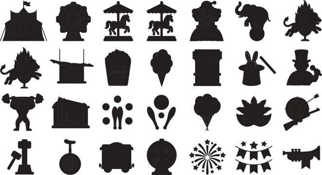 Circus and carnival black silhouette icon set isolated on white background.