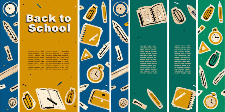 School supplies vector illustration set on colored backgrounds