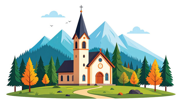 Small church with tall steeple tower.