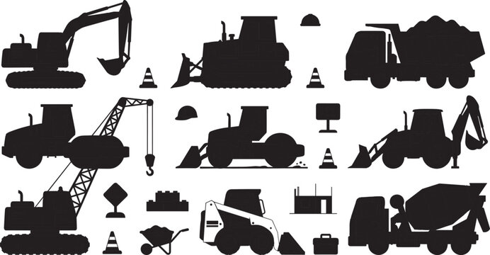 Construction heavy machinery and vehicle black silhouette icons set isolated on white background.