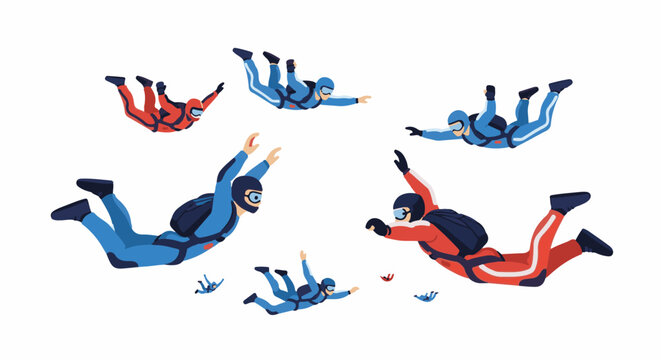 Divers in colorful jumpsuits freefalling through the air, engaged in thrilling extreme sports