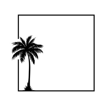 Logo para&iacute;so tropical. Dibujo minimalista de la silueta de una palmera con un marco cuadrado con l&iacute;neas 