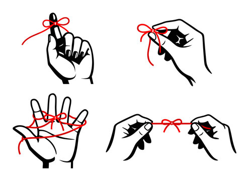 Hands tying red string bows around fingers and palms, illustrating concepts of memory, reminder, fate, connection, and destiny