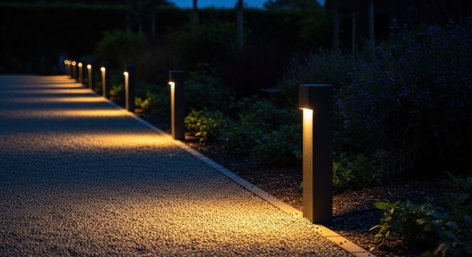 Modern Pathway Lighting Illuminates Garden Walkway at Night.
