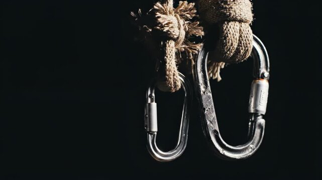 Steel carabiners hanging on a thick rope. Industrial safety equipment and climbing gear attached to a knot. Metal hardware for climbing sport and construction