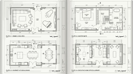 Set of four architectural floor plans for luxury residential living spaces and home office © S.Siam