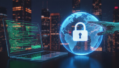 Fototapeta premium Digital globe with lock icon and laptop displaying code, symbolizing global data security and cybersecurity, representing technology and protection.