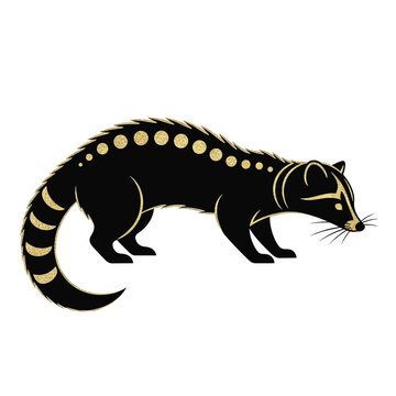 Black silhouette of an exotic civet cat with a long tail and slender body profile, isolated on a white background. Detailed vector illustration of a wild carnivorous mammal in profile.