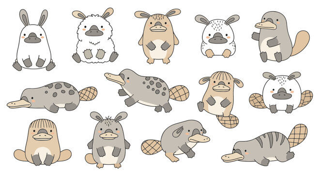 Collection of cute hand-drawn platypus characters in various poses including swimming, standing, and sleeping. Vector illustration set of Australian wildlife monotremes on white background.