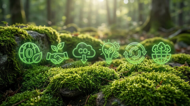 Glowing green icons representing environmental concepts on a mossy forest floor, symbolizing sustainability, eco-friendly initiative, and conservation efforts