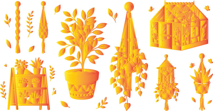 Cute greenhouse and macrame hanging potted plants orange gradient vector icon collection.