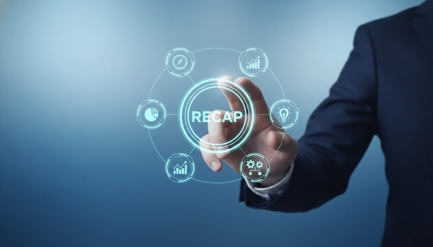 Man in suit touching a digital interface with icons for analysis, idea, and progress, symbolizing business recap and strategy