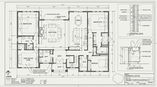 Architectural blueprint showing residential floor plan and wall details