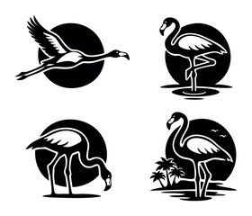 Fototapeta premium Flamingo bird silhouettes in various poses representing tropical wildlife and nature concept logos against a dark circle background