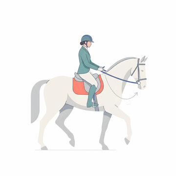 An illustration depicting a female rider on a light-colored horse, showcasing the elegant posture and controlled movement in equestrian sports