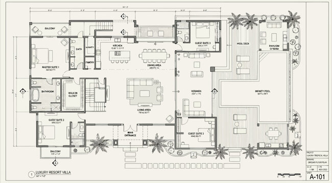 Architectural floor plan of a courtyard style villa with private pool and multiple bedrooms