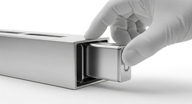 Gloved hand carefully inserts a solid-state battery cell into its housing in a manufacturing process.