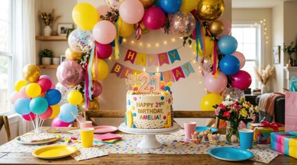 Fototapeta premium Happy 21st birthday celebration with colorful balloons and cake