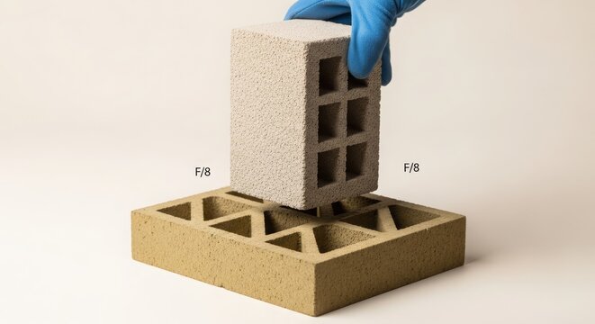 Hand wearing blue glove places a silicate thermal storage brick onto a specialized base, demonstrating construction material integration.