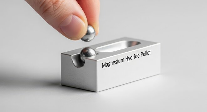 Human hand carefully places a small magnesium hydride pellet into a specialized metal holder