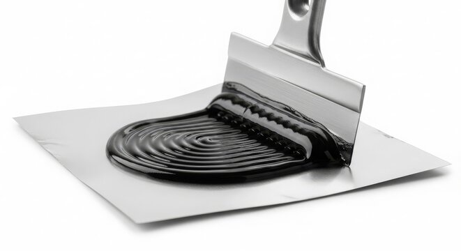 Spreading viscous black slurry material with a metal tool on a flat surface, showcasing its texture and application