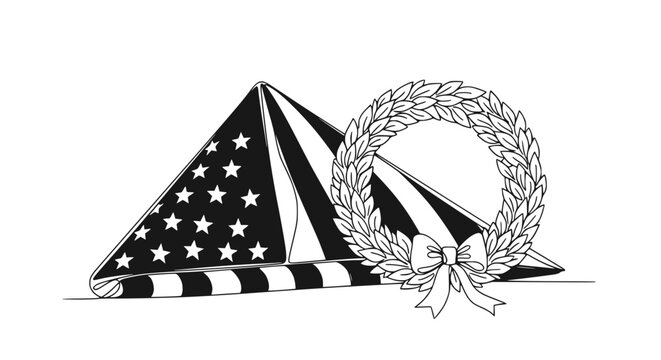 Folded American Flag and Laurel Wreath with Bow - Line Art Illustration