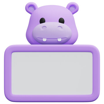 Cute Purple Hippo Animal Face With Blank Board Sign Message Template