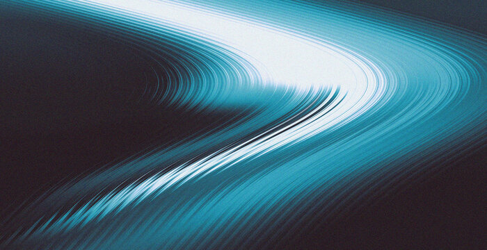Abstract dark background with glowing teal cyan ribbed curve wave and luminous white edge for premium cinematic technology design