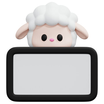 Cute White Sheep Animal Face With Blank Board Sign Message Template