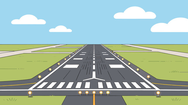 An empty airport runway stretching into the distance under a clear blue sky with white clouds and green grass on a bright day.