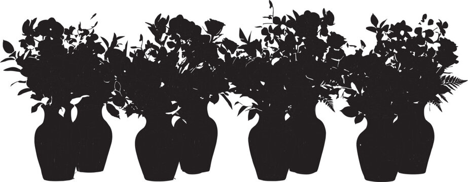 Elegant roses and orchids flower arrangements in rustic pots solid black silhouette collection.