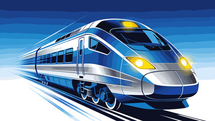 A sleek, modern blue and silver high-speed train races along a track, conveying a sense of rapid motion and advanced technology. © cemoro
