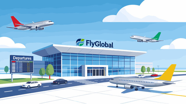 Modern airport terminal building with airplanes on the tarmac and in the sky, showcasing travel and transportation.