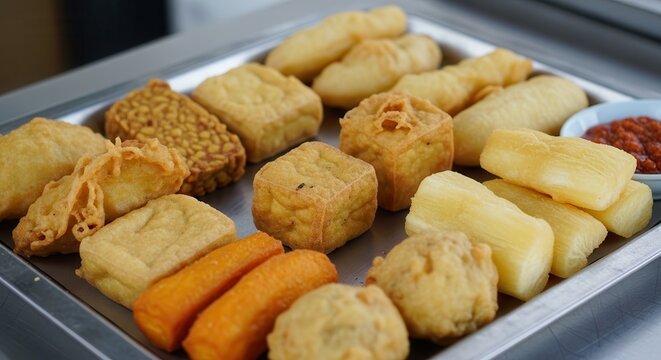 Assorted Indonesian Fried Snacks Served on a Metal Tray.
