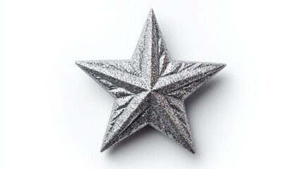 Fototapeta premium Sparkling silver star ornament with textured surface on a clean white background