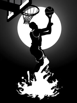 Silhouette of a basketball player in motion dunking with ball black and white vector illustration, graphic representation, swift momentum