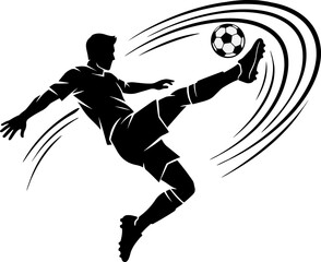 Dynamic black silhouette of a fifa soccer player performing an acrobatic high kick with motion lines isolated on white © Gereish