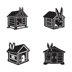 Obraz na płótnie Canvas Four black and white illustrations of rabbits and their houses cute animals in different poses and homes pets and their habitats