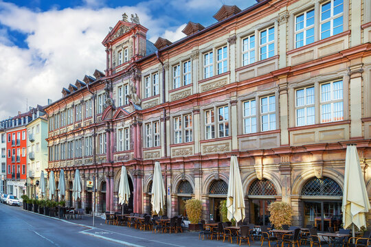 Historical houses on a street in Wurzburg city center, Germany. Low angle view of old buildings