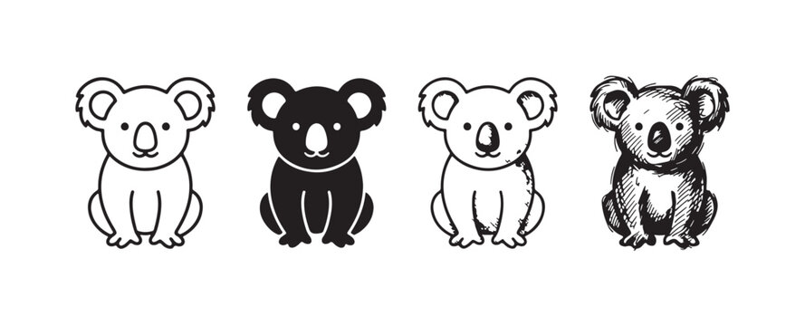 Four charming illustrations of a sitting koala, showcased in varied artistic interpretations: a crisp outline, a strong solid fill, a nuanced line art, and a textured sketch.