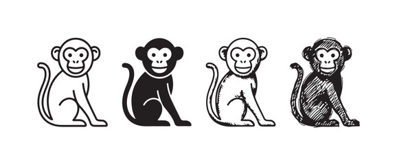 Four stylized monkey icons in varying visual renditions: outline, solid silhouette, light etching, and rough sketch, sitting and smiling. © Ірина Гринюк