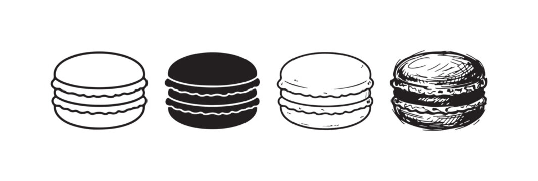 Four stacked macaroon illustrations, featuring a distinct wavy edge texture, presented in a range of styles from simple outline to solid and highly detailed sketch.