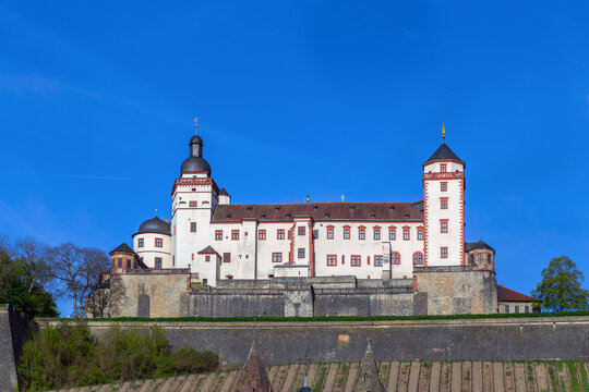 Marienberg Fortress view from across Main river in Wurzburg, Germany. Direct perspective of the castle on a sunny day